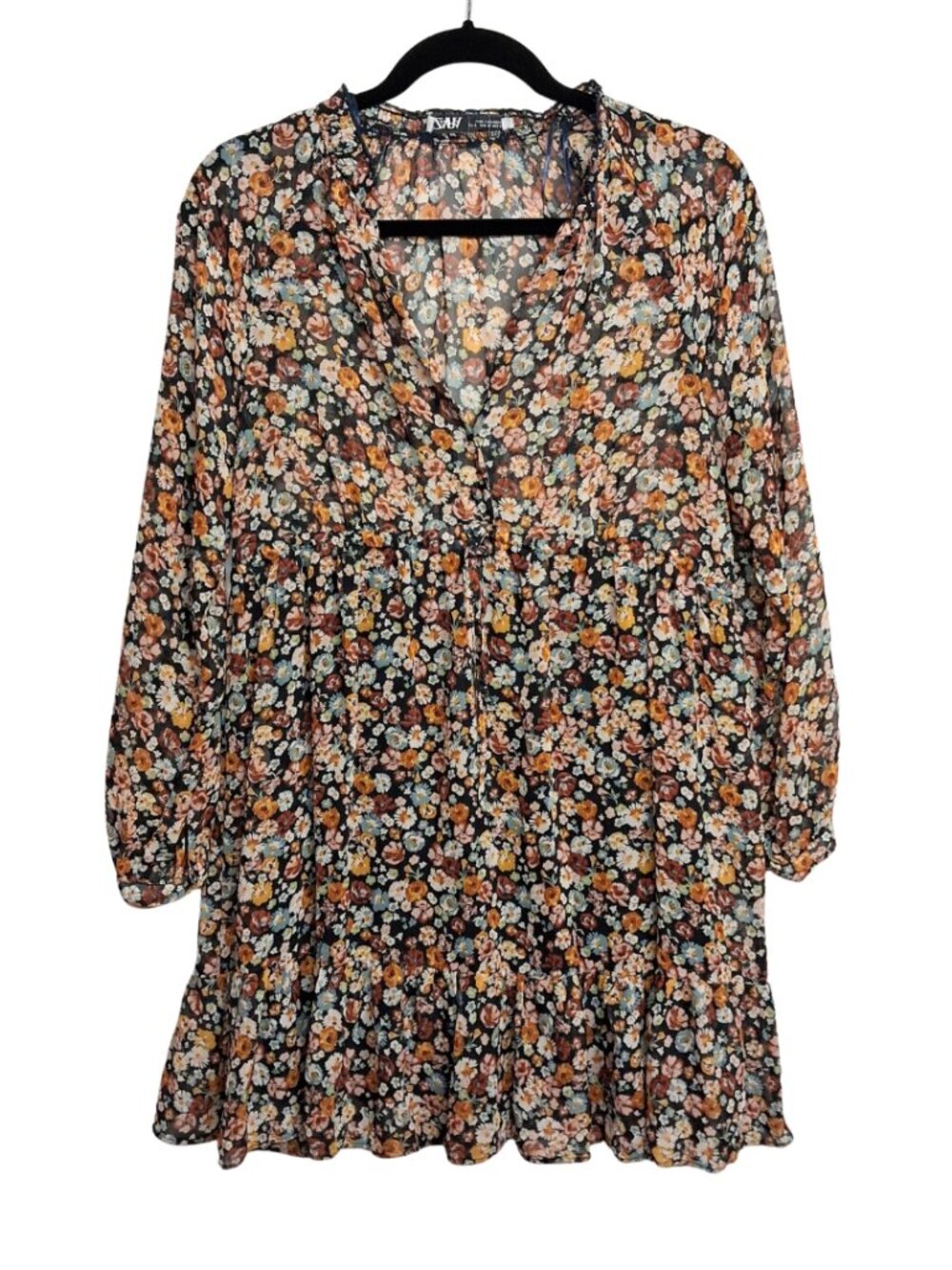 ZARA Floral Dress Colorful Tiered Long Sleeve Shift Semi Sheer Retro Boho Small